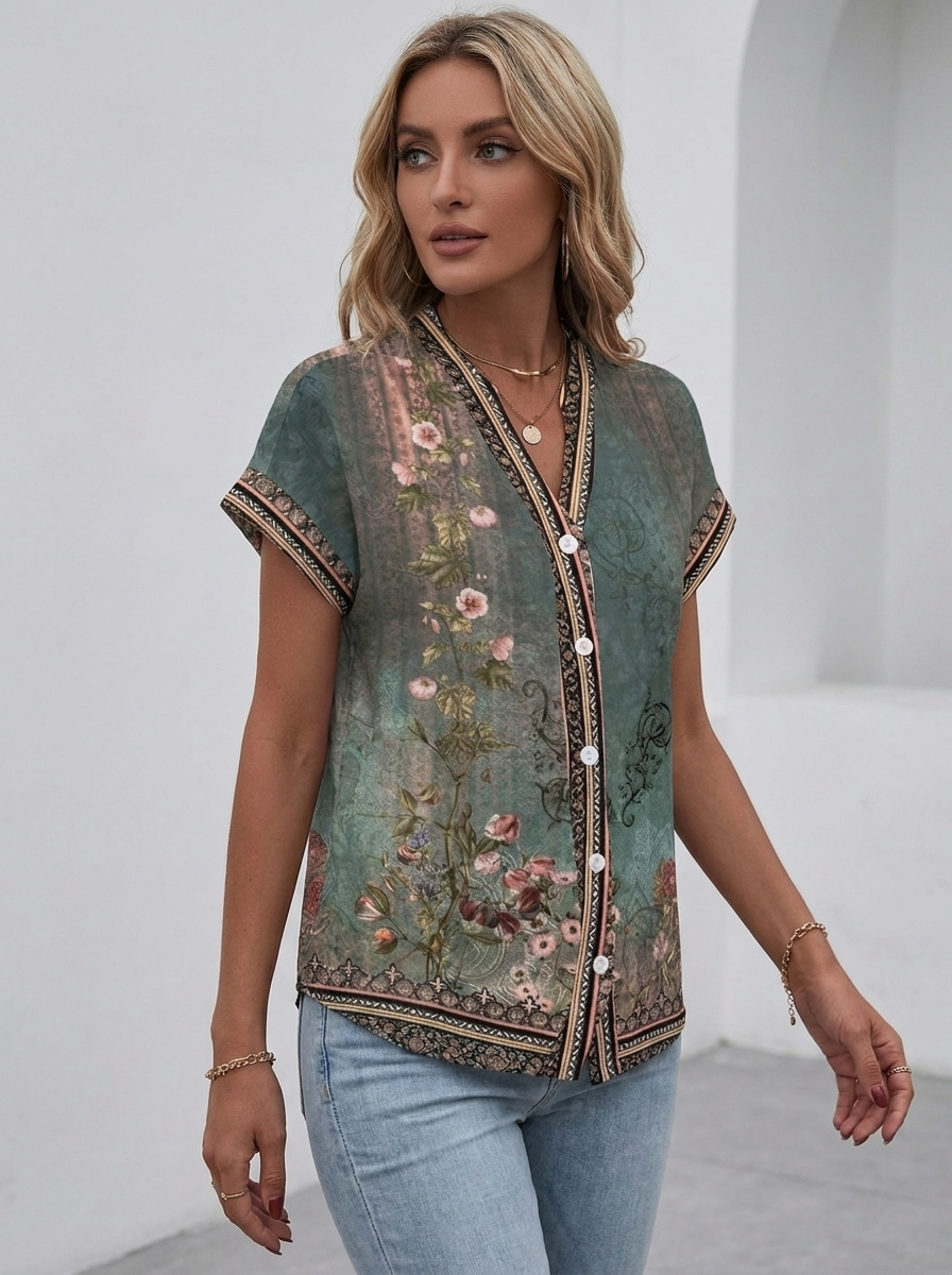 Wilhelmina | Women's Relaxed-Fit V-Neck Floral Print Blouse