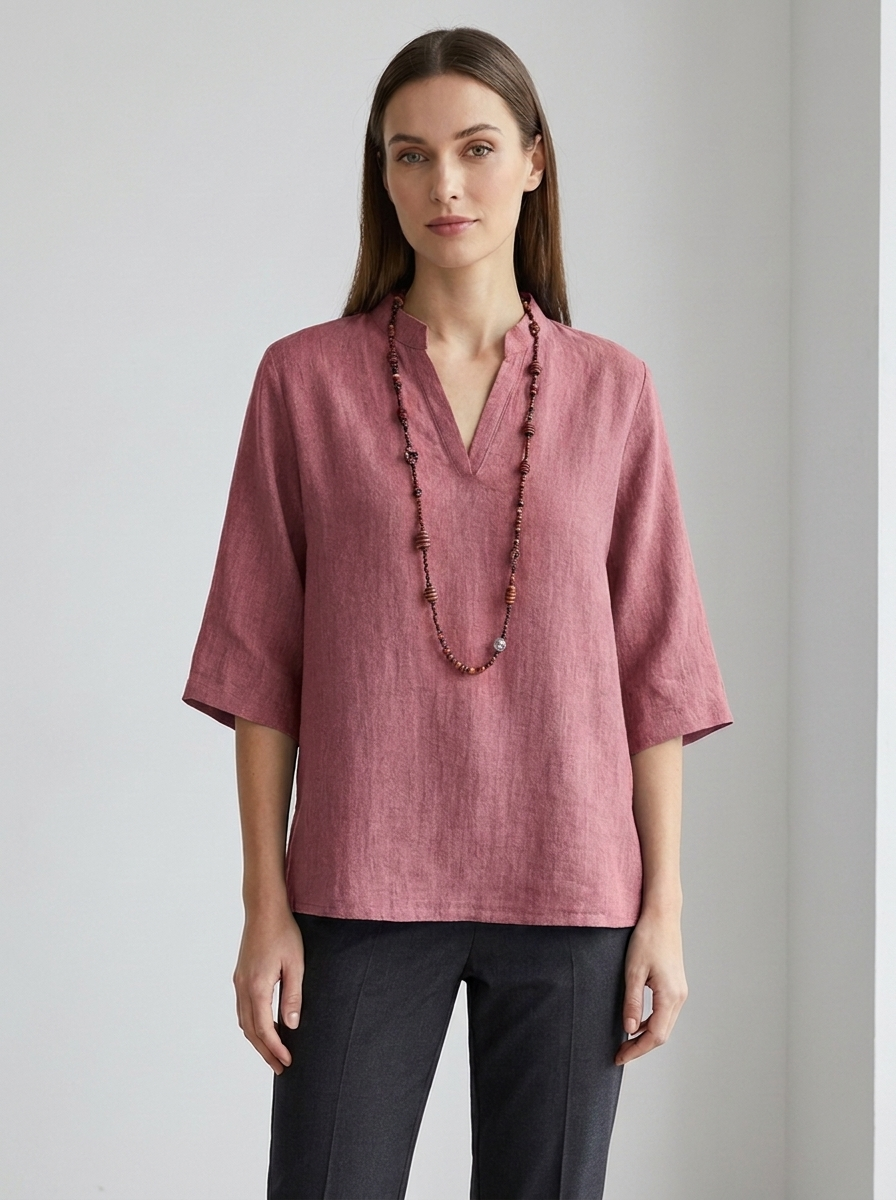 Estelle | Women's Linen V-Neck Three-Quarter Sleeve Tunic Blouse