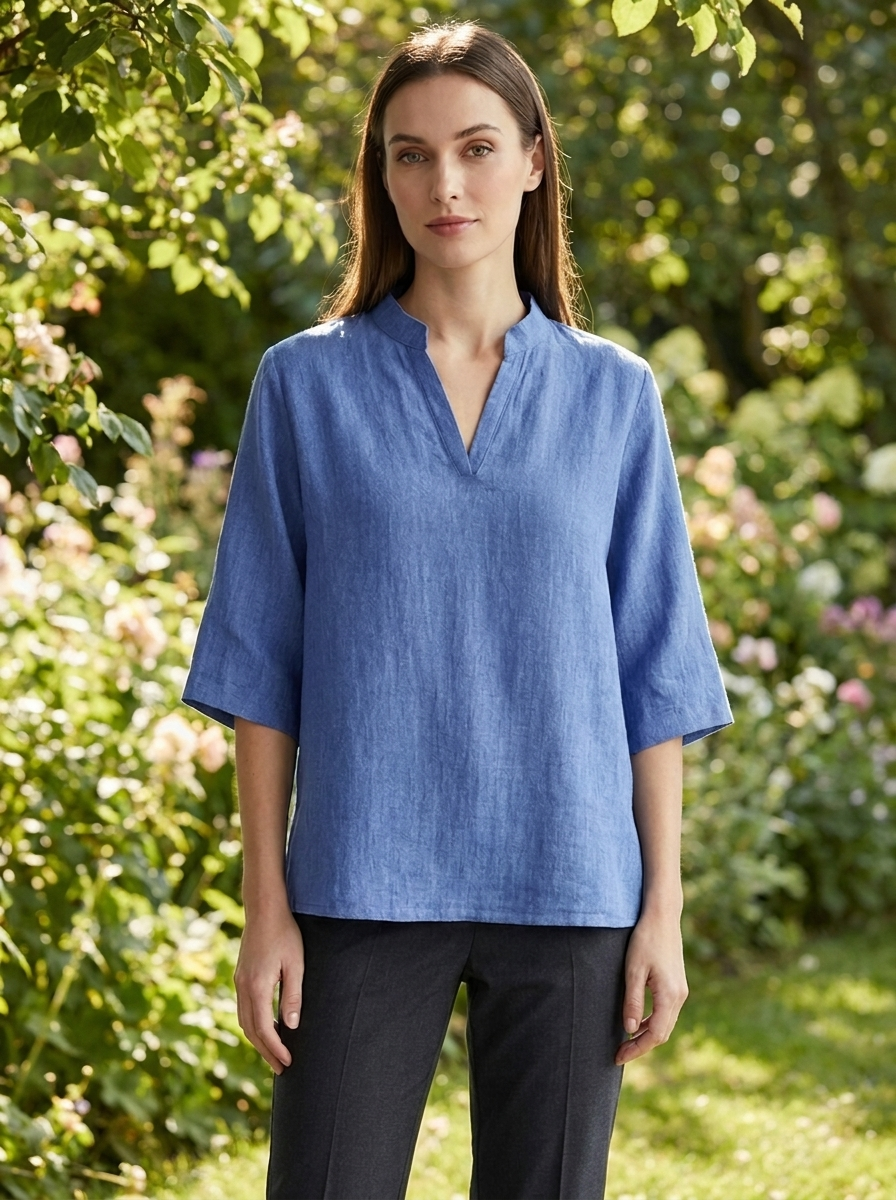 Estelle | Women's Linen V-Neck Three-Quarter Sleeve Tunic Blouse
