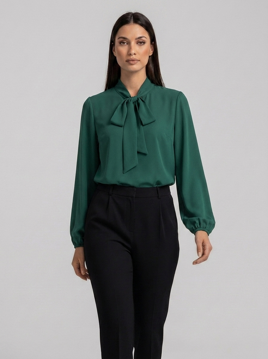 Apolline | Women's Relaxed Bow-Tie Neck Long-Sleeve Blouse
