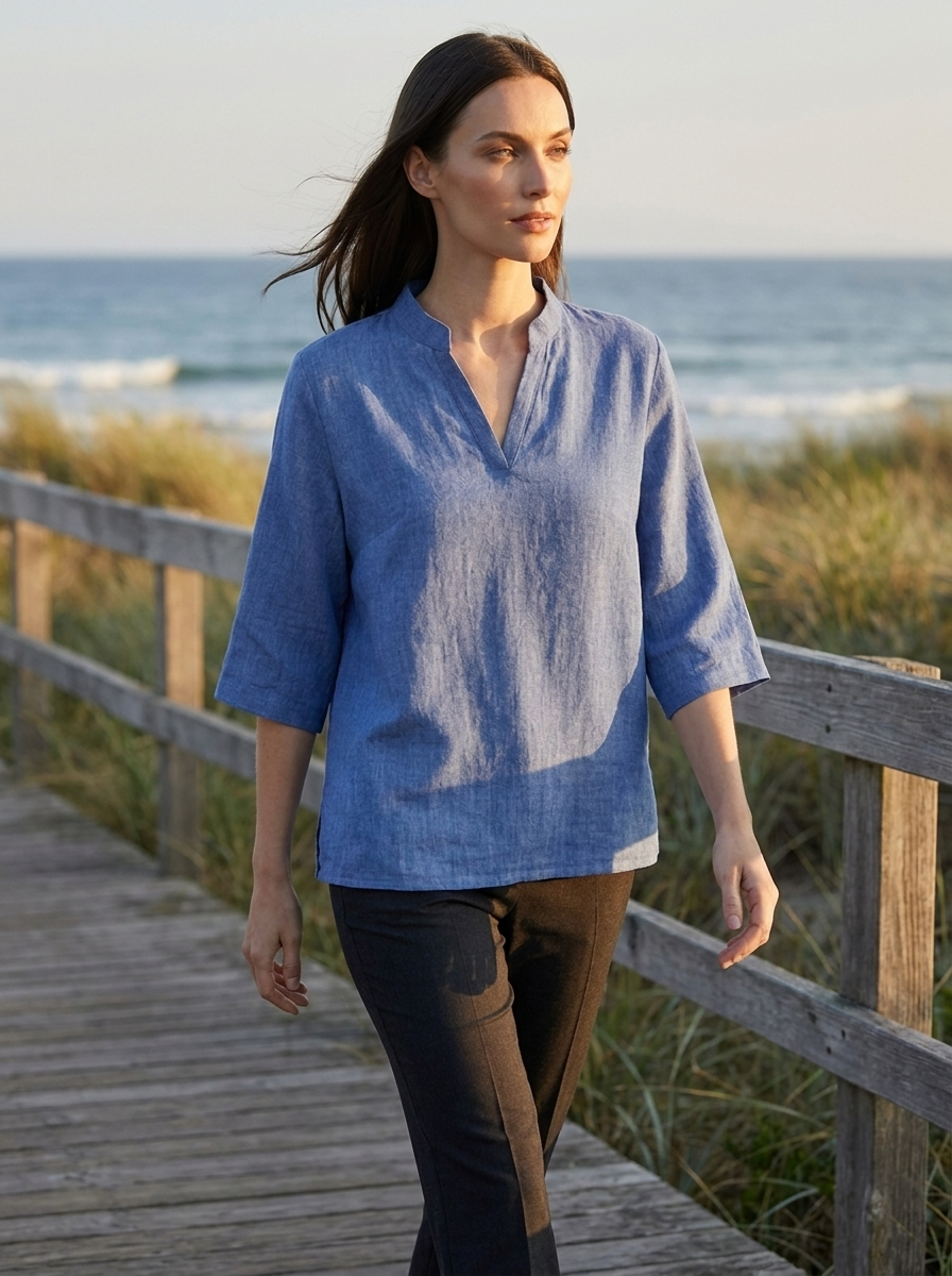 Estelle | Women's Linen V-Neck Three-Quarter Sleeve Tunic Blouse