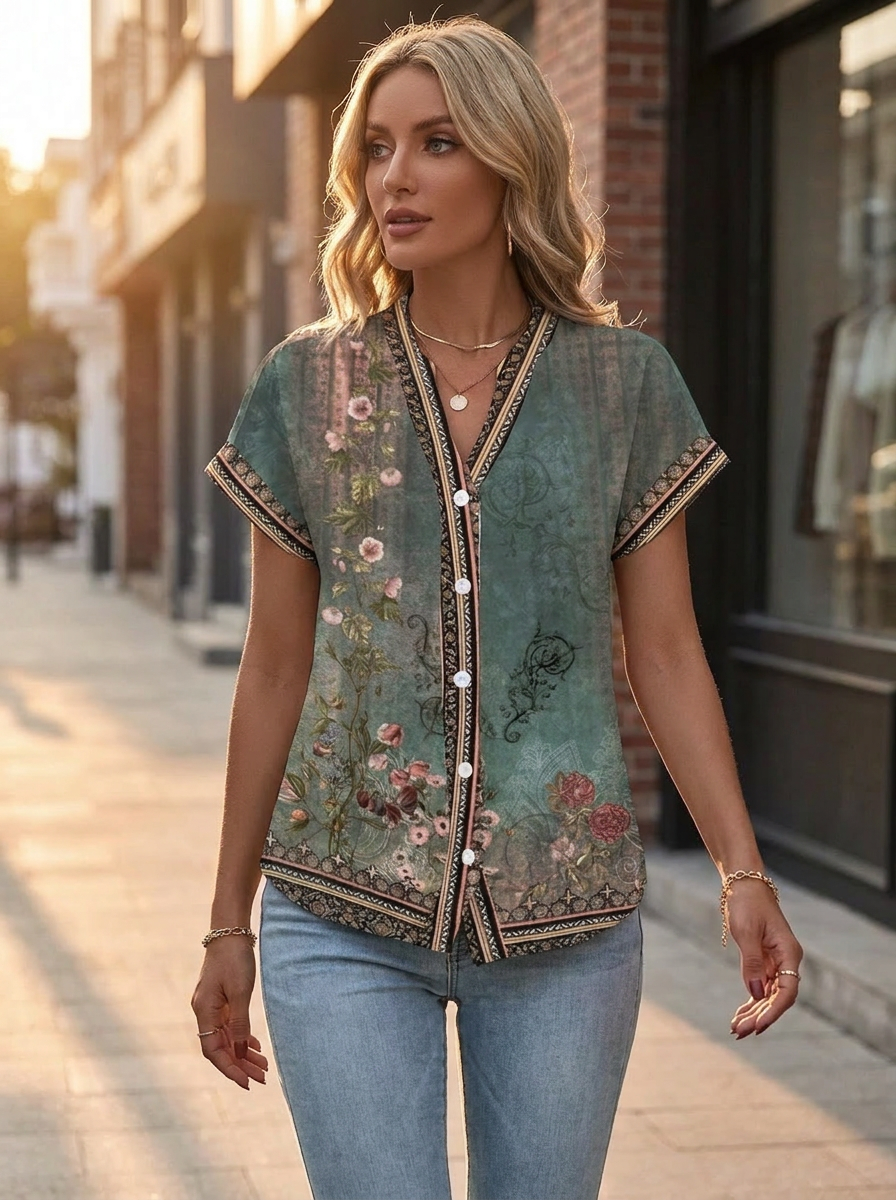 Wilhelmina | Women's Relaxed-Fit V-Neck Floral Print Blouse