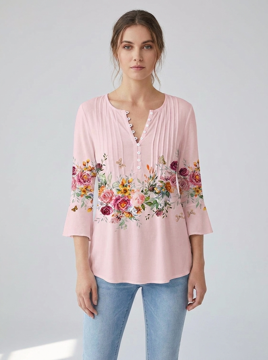 Honorine | Women's Floral Long-Sleeve Relaxed Henley Blouse