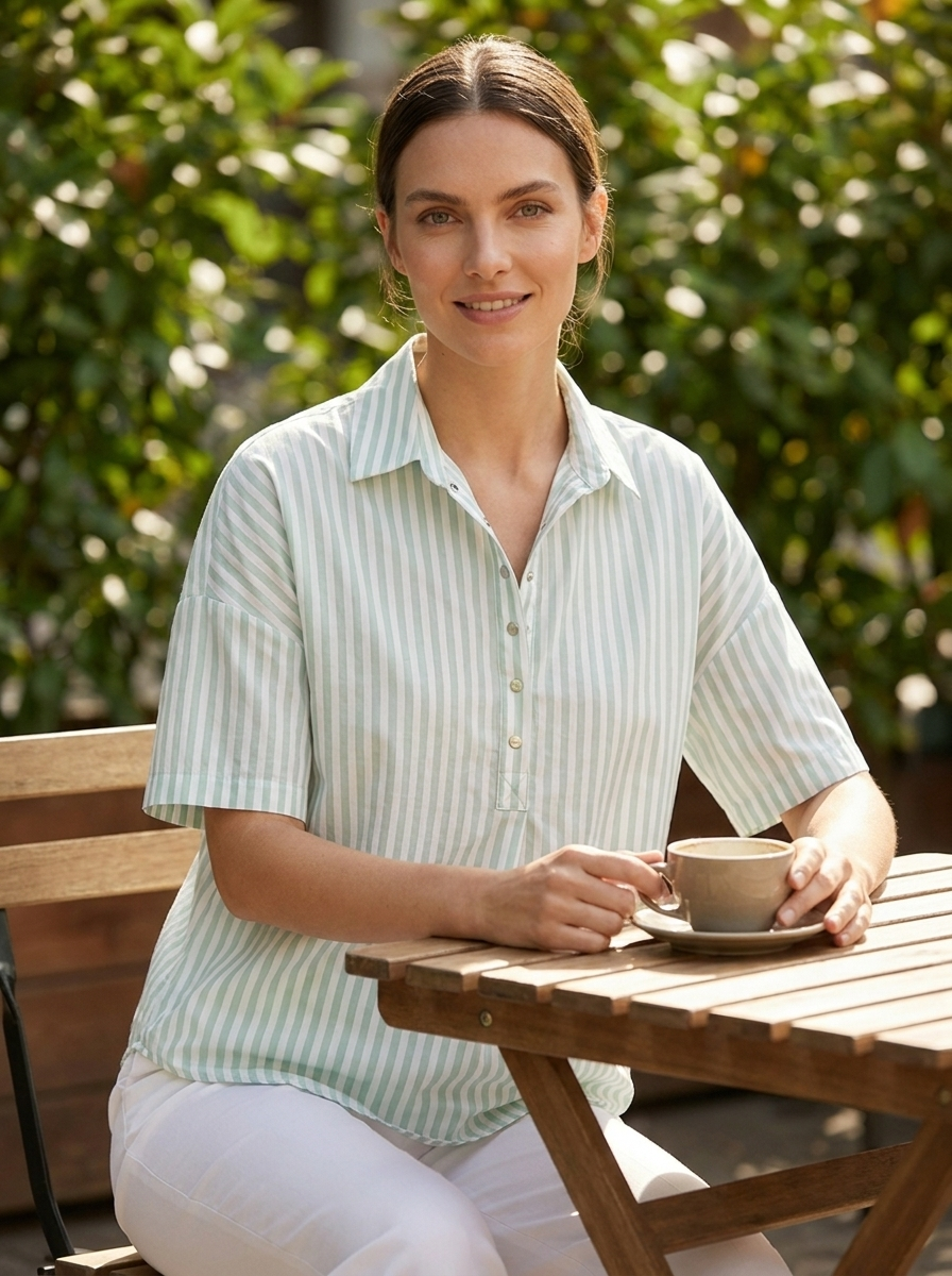 Georgette | Women's Relaxed-Fit Striped Collared Short-Sleeve Blouse