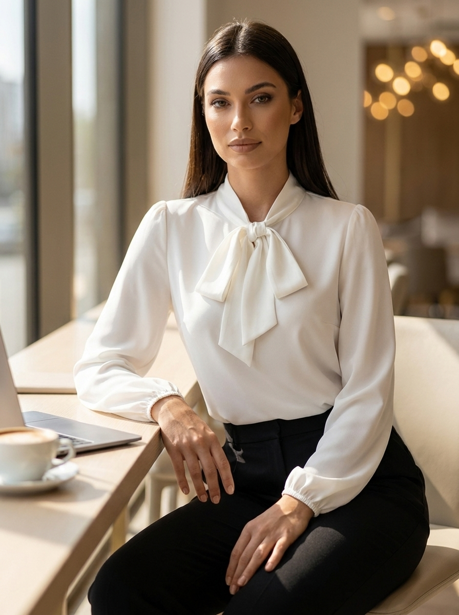 Apolline | Women's Relaxed Bow-Tie Neck Long-Sleeve Blouse