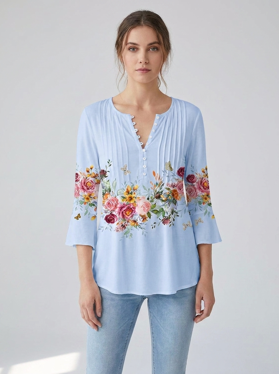 Honorine | Women's Floral Long-Sleeve Relaxed Henley Blouse