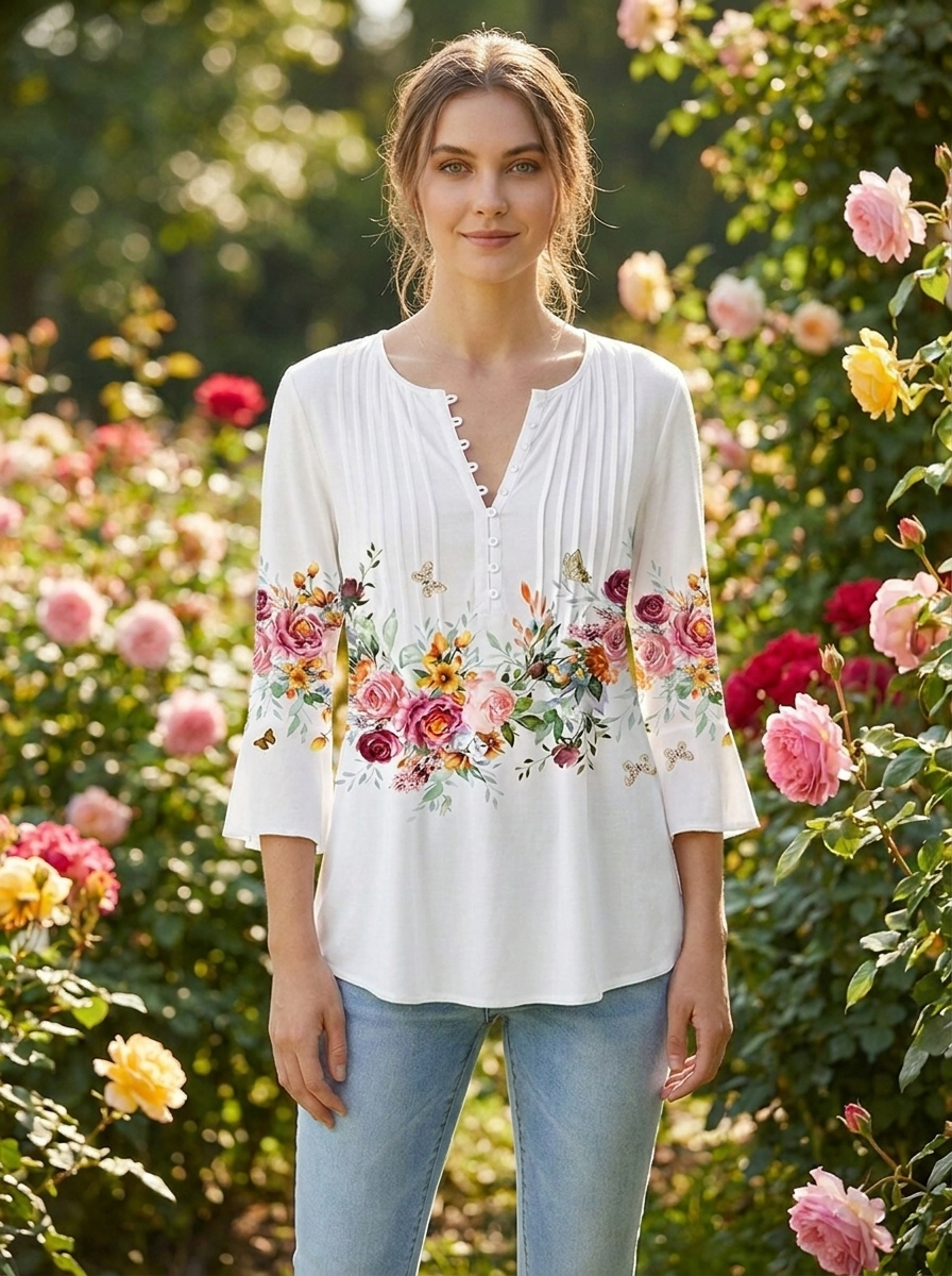 Honorine | Women's Floral Long-Sleeve Relaxed Henley Blouse