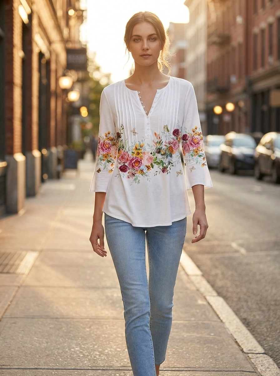 Honorine | Women's Floral Long-Sleeve Relaxed Henley Blouse