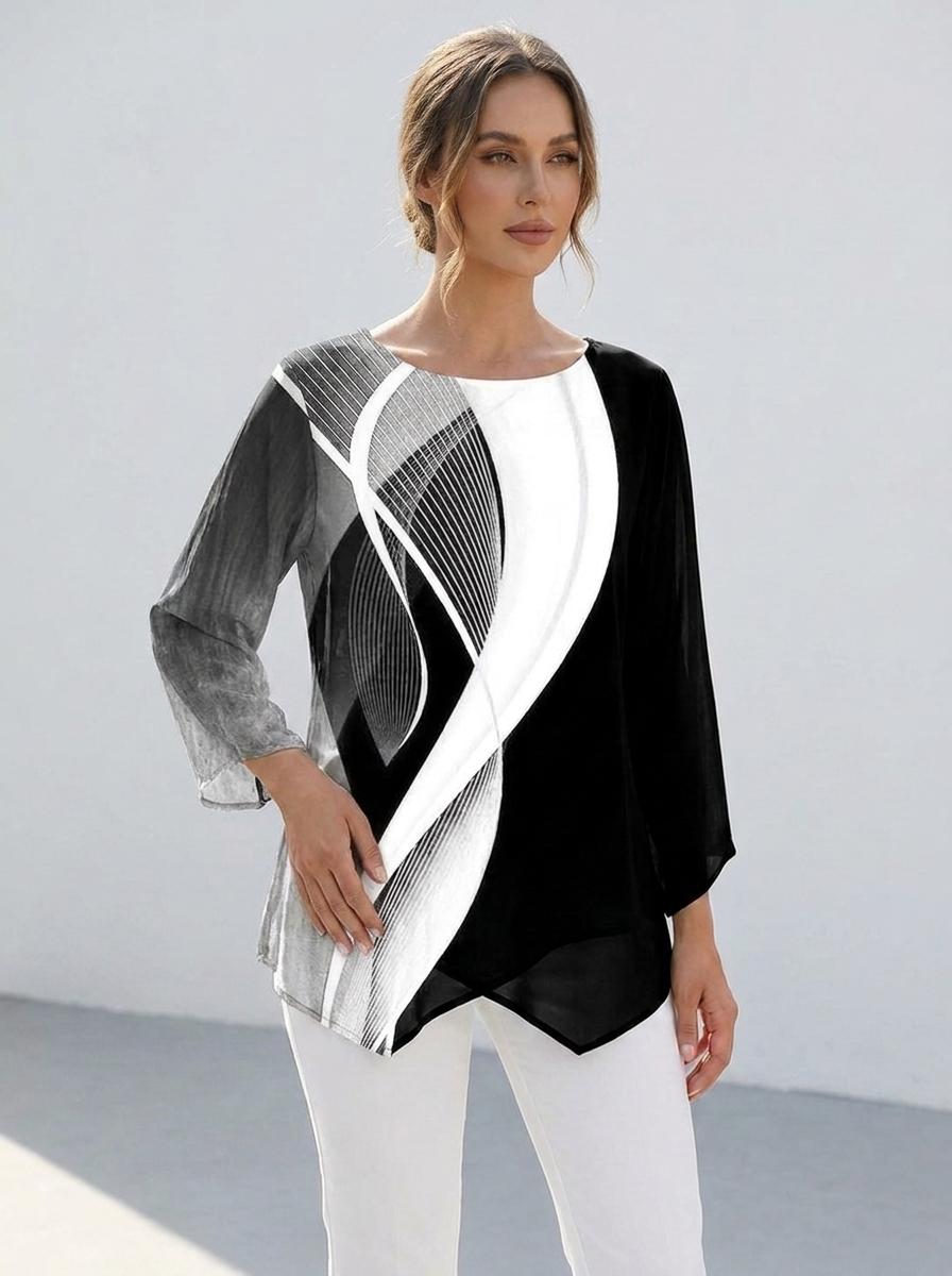 Fleur | Women's Geometric Print Long-Sleeve Relaxed Tunic Top