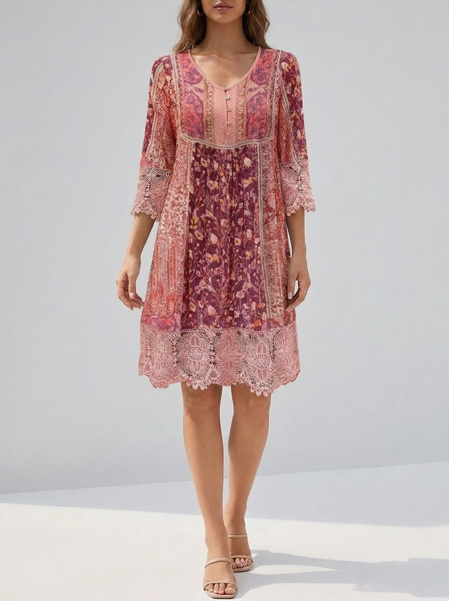 Jacinthe | Women's Bohemian Floral Lace-Trim Tunic Mini Dress