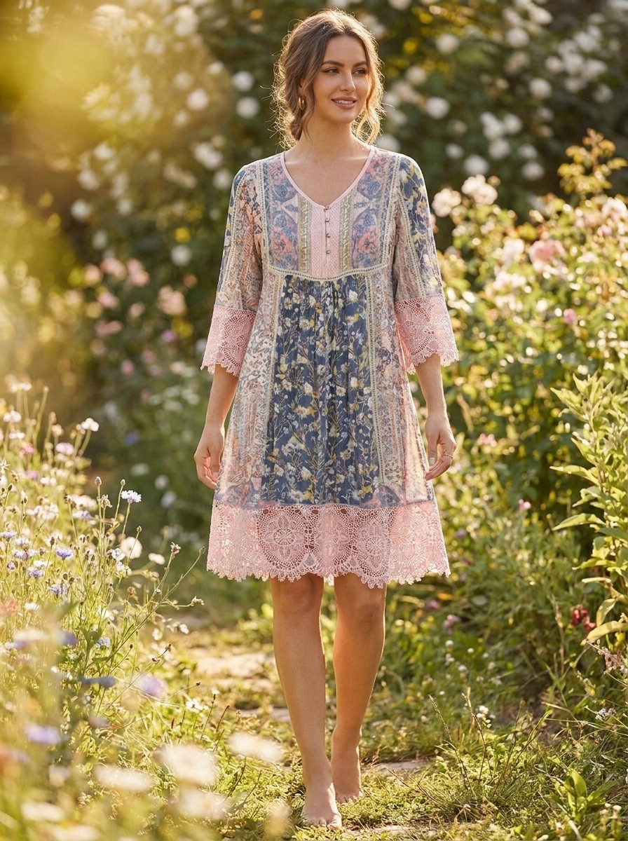 Jacinthe | Women's Bohemian Floral Lace-Trim Tunic Mini Dress