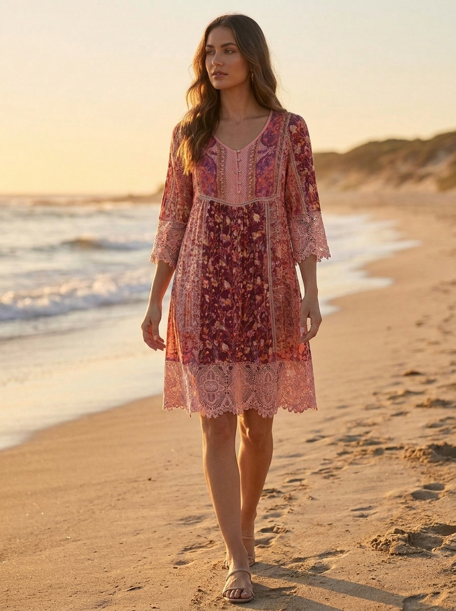 Jacinthe | Women's Bohemian Floral Lace-Trim Tunic Mini Dress