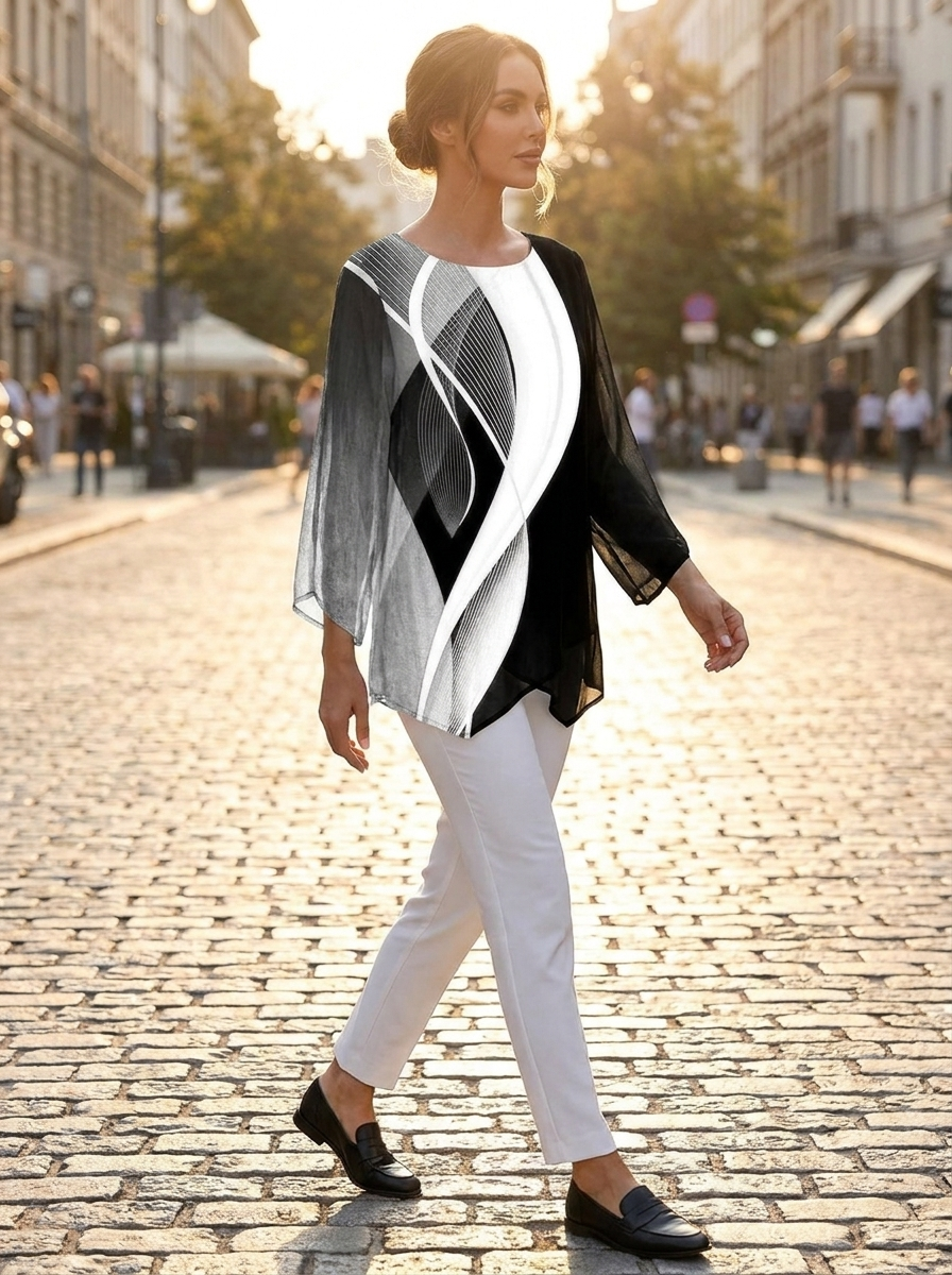 Fleur | Women's Geometric Print Long-Sleeve Relaxed Tunic Top
