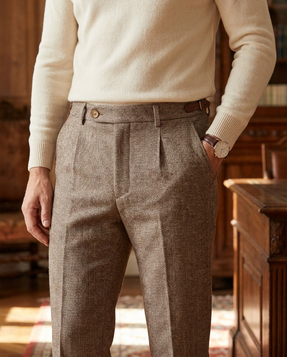 Luke | Men Classic Herringbone Pleated Dress Trousers