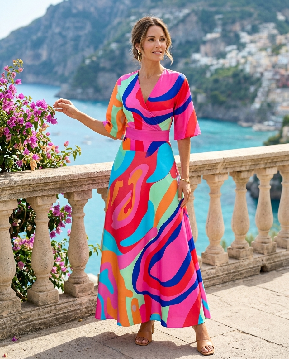 Florence | Women's Satin-Finish Floral Wrap V-Neck Belted Maxi Dress