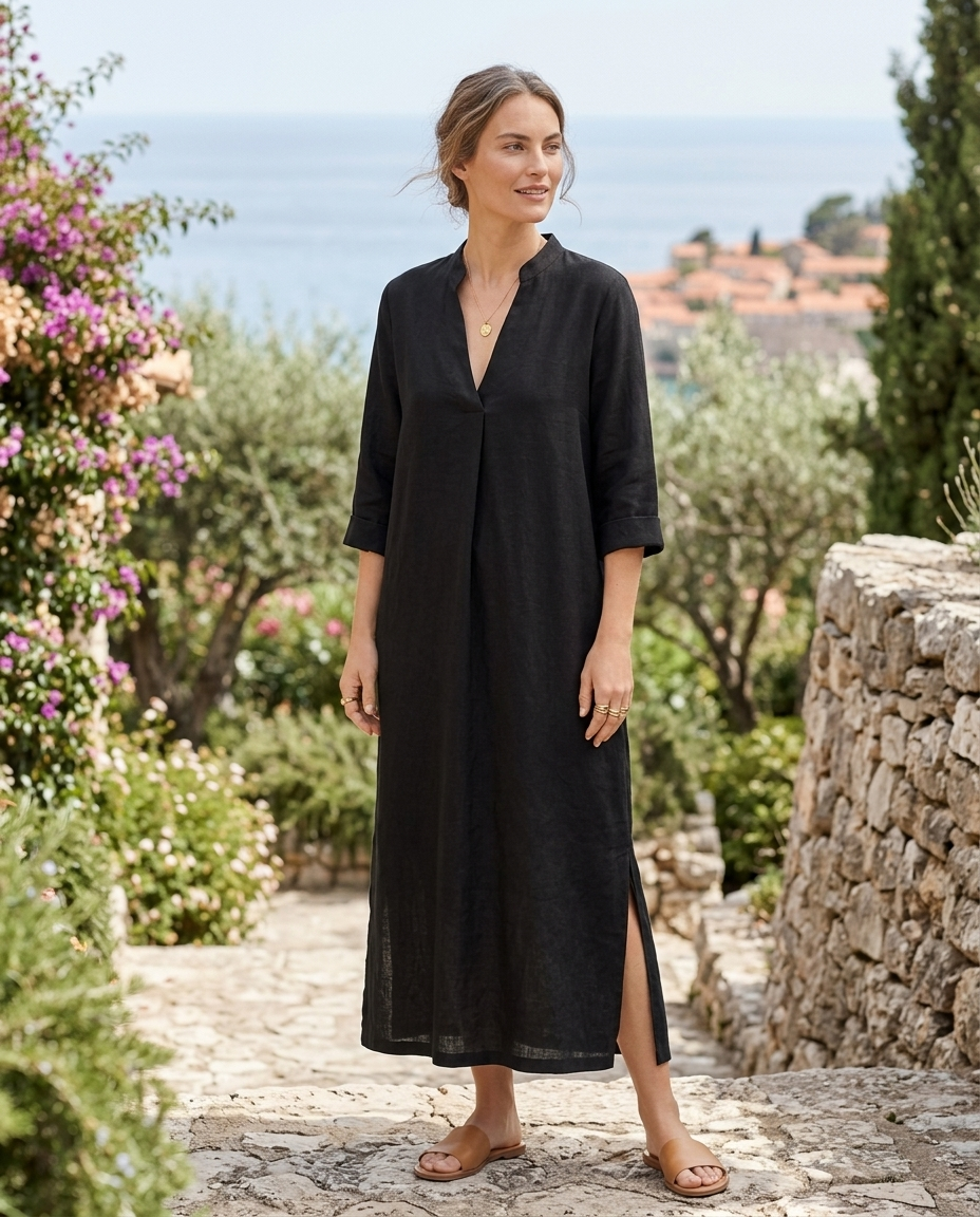 Annelise | Women's Relaxed V-Neck Linen Blend Maxi Dress