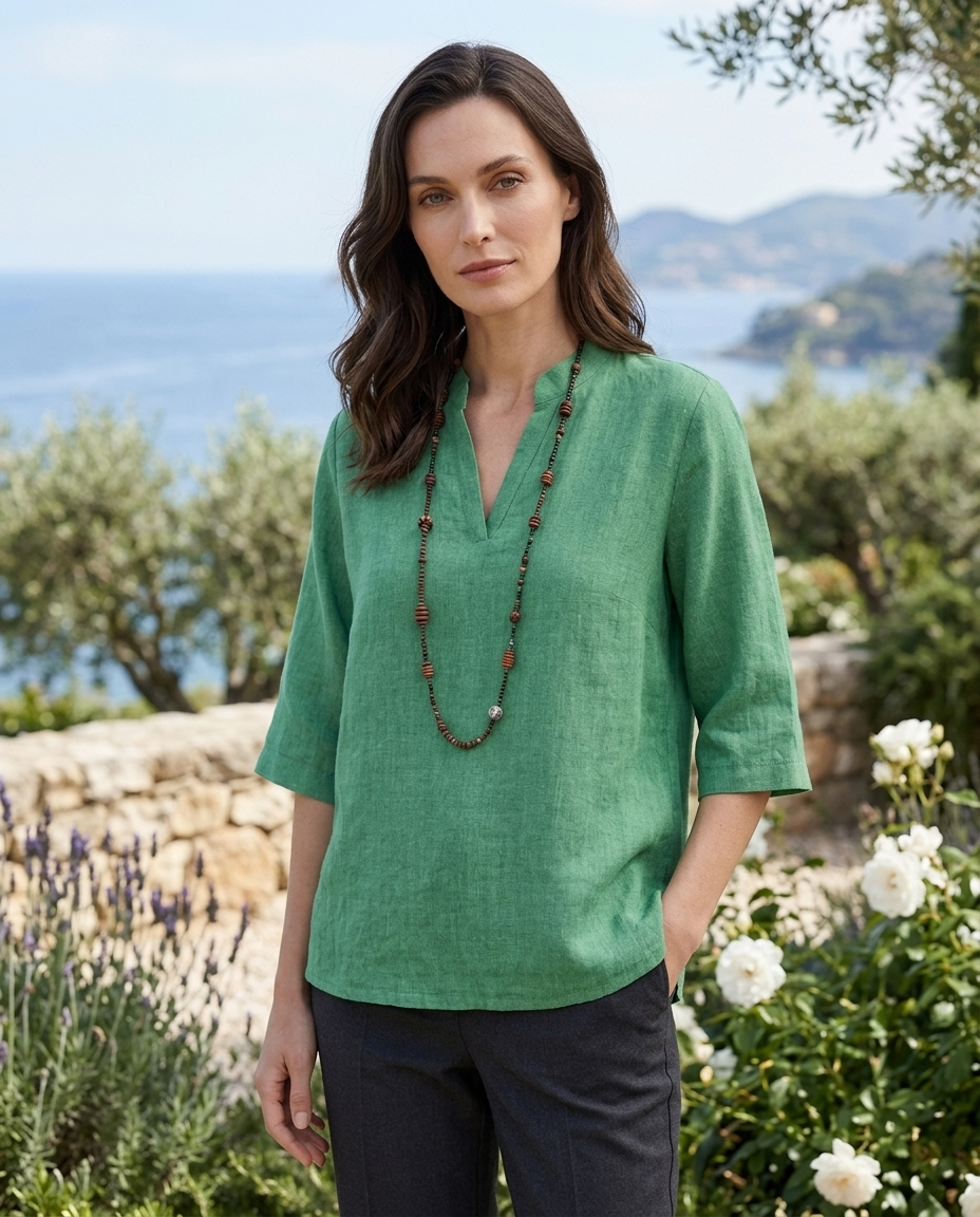 Estelle | Women's Linen V-Neck Three-Quarter Sleeve Tunic Blouse