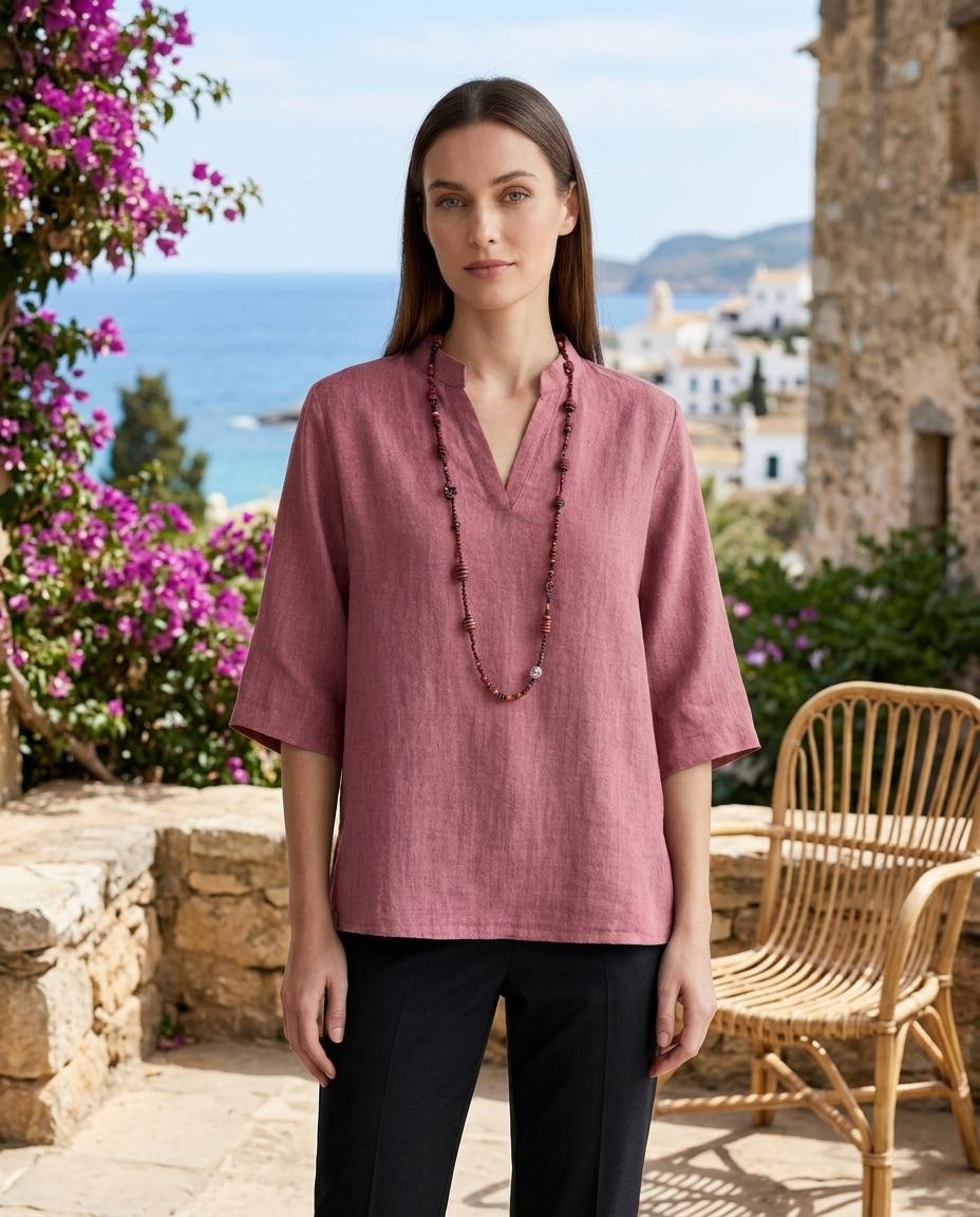 Estelle | Women's Linen V-Neck Three-Quarter Sleeve Tunic Blouse
