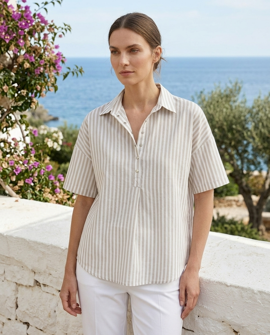 Georgette | Women's Relaxed-Fit Striped Collared Short-Sleeve Blouse