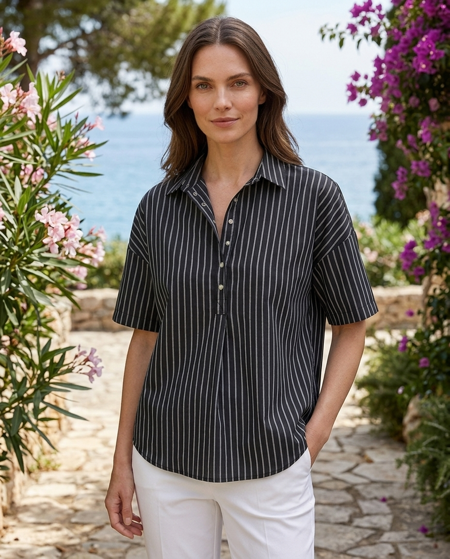 Georgette | Women's Relaxed-Fit Striped Collared Short-Sleeve Blouse