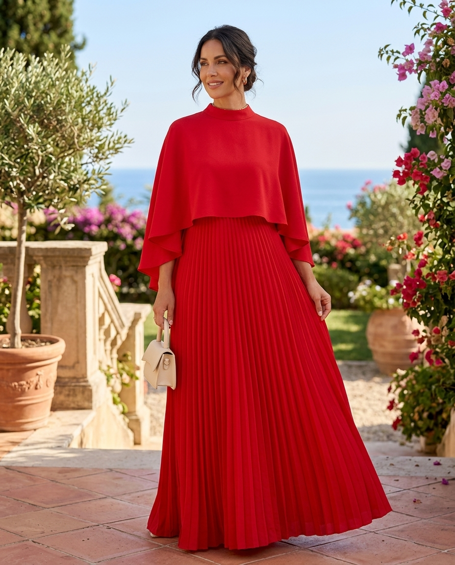 Sienna | Women's Satin Cape Pleated Maxi Dress