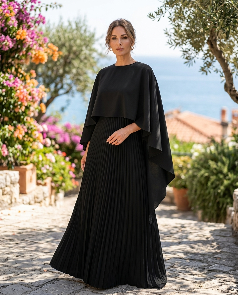 Sienna | Women's Satin Cape Pleated Maxi Dress