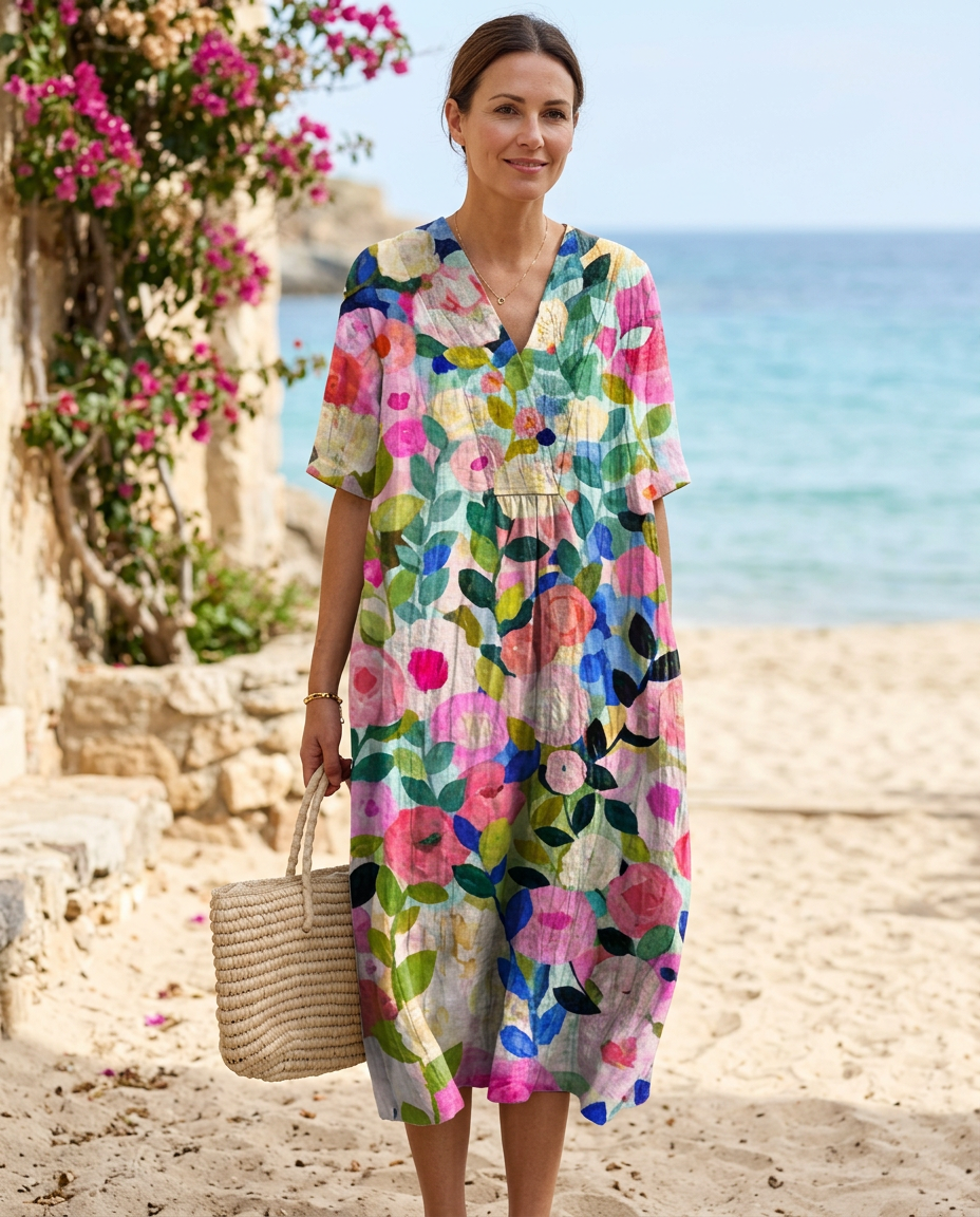 Florence | Women's Boho V-Neck Relaxed-Fit Striped Midi Dress
