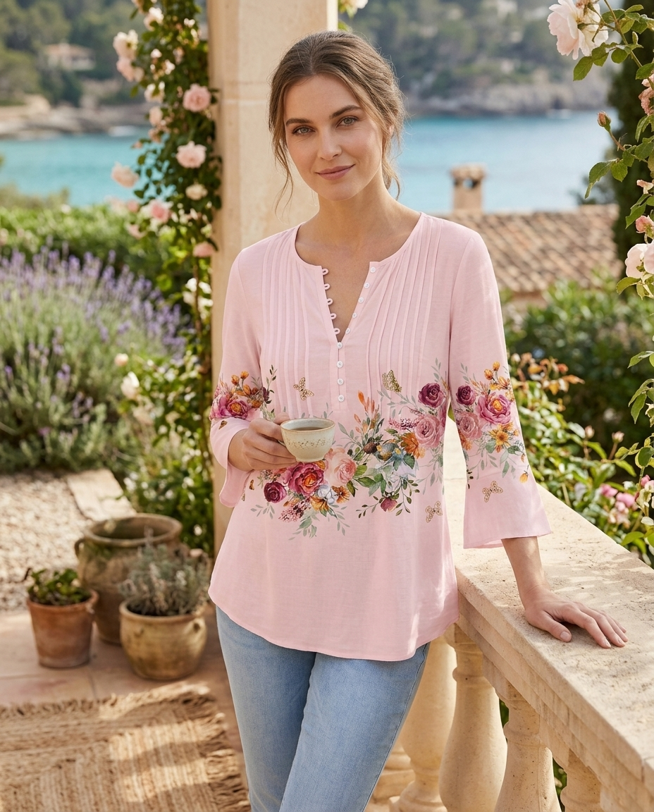 Honorine | Women's Floral Long-Sleeve Relaxed Henley Blouse