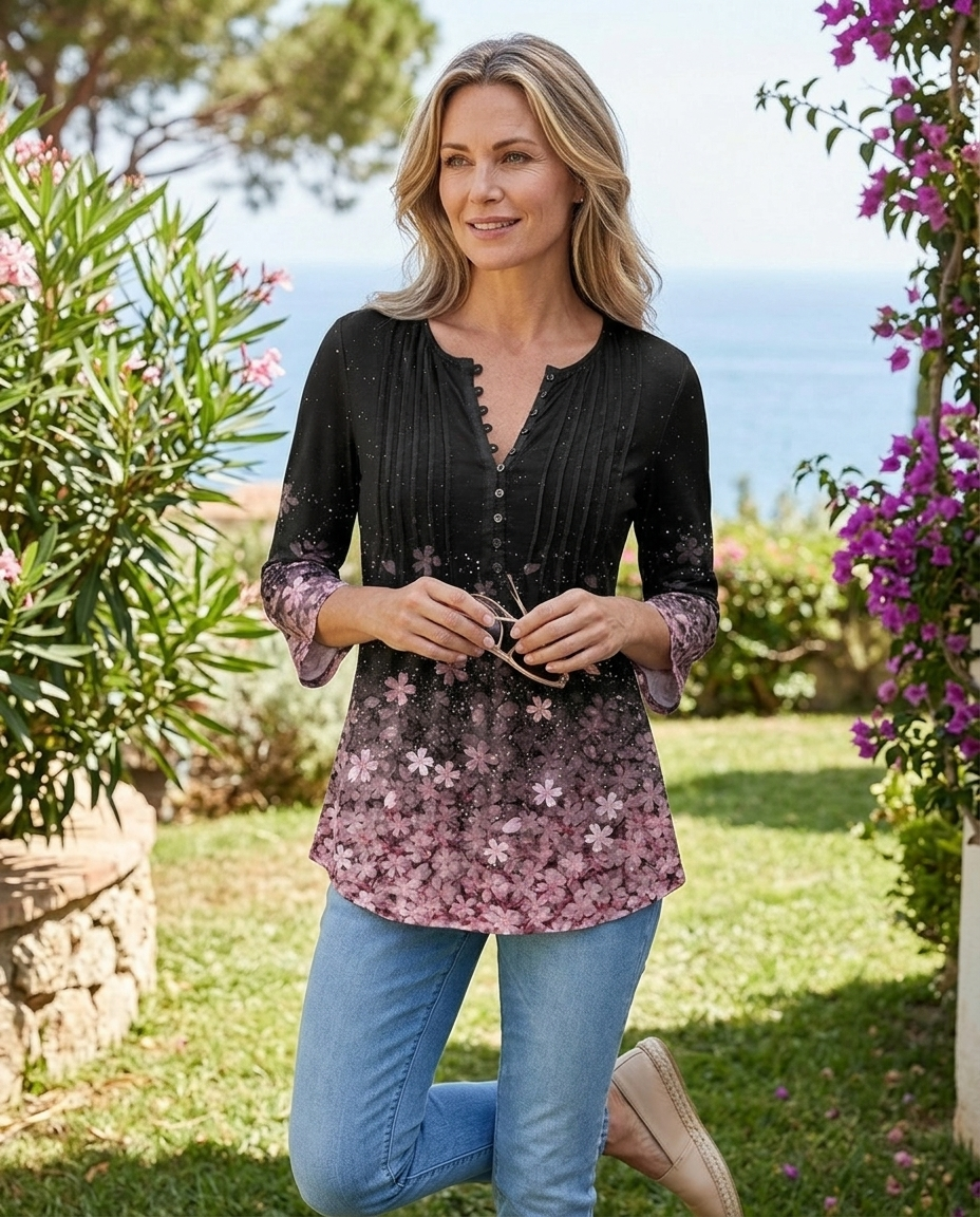Honorine | Women's Floral Long-Sleeve Relaxed Henley Blouse