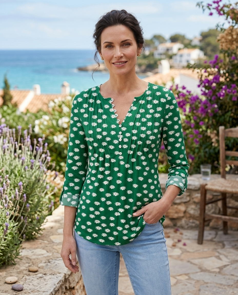Honorine | Women's Floral Long-Sleeve Relaxed Henley Blouse