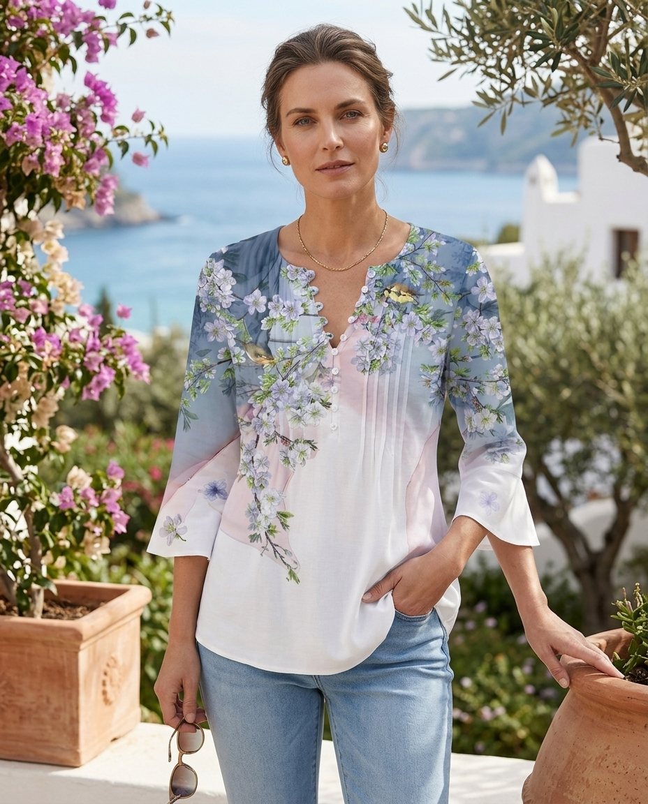 Honorine | Women's Floral Long-Sleeve Relaxed Henley Blouse