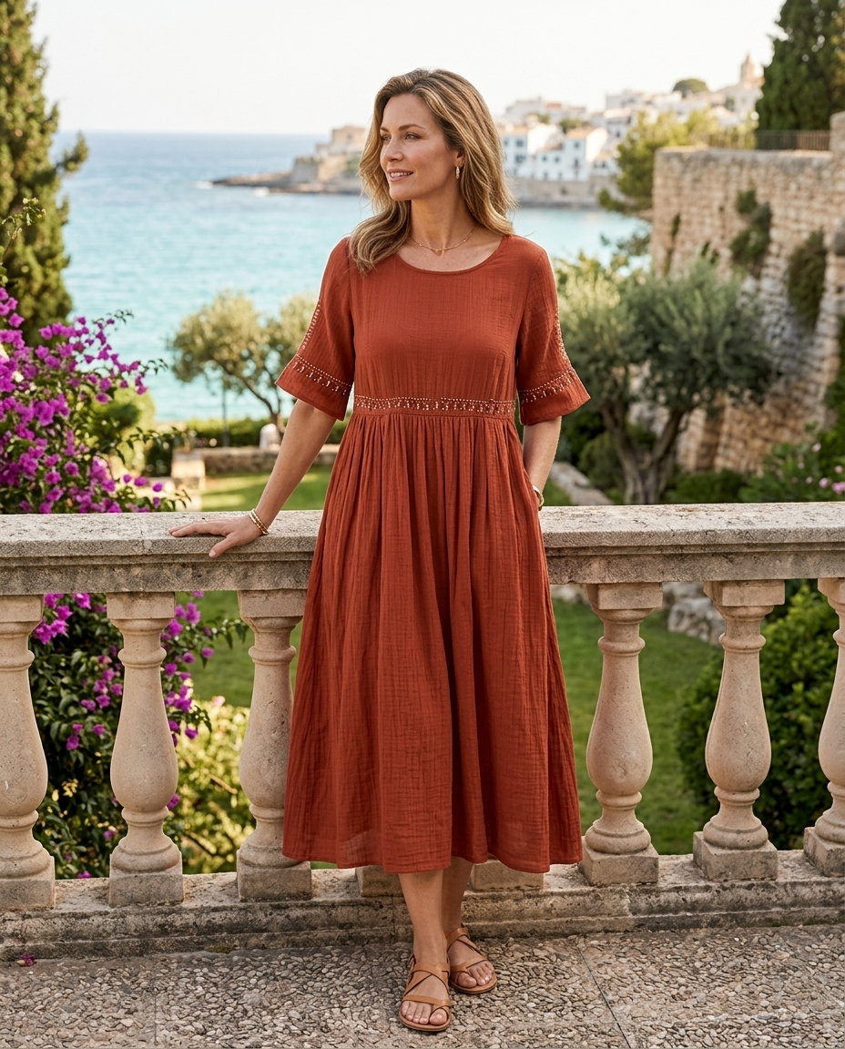 Maribel | Women's Embroidered Cotton-Linen Midi Dress