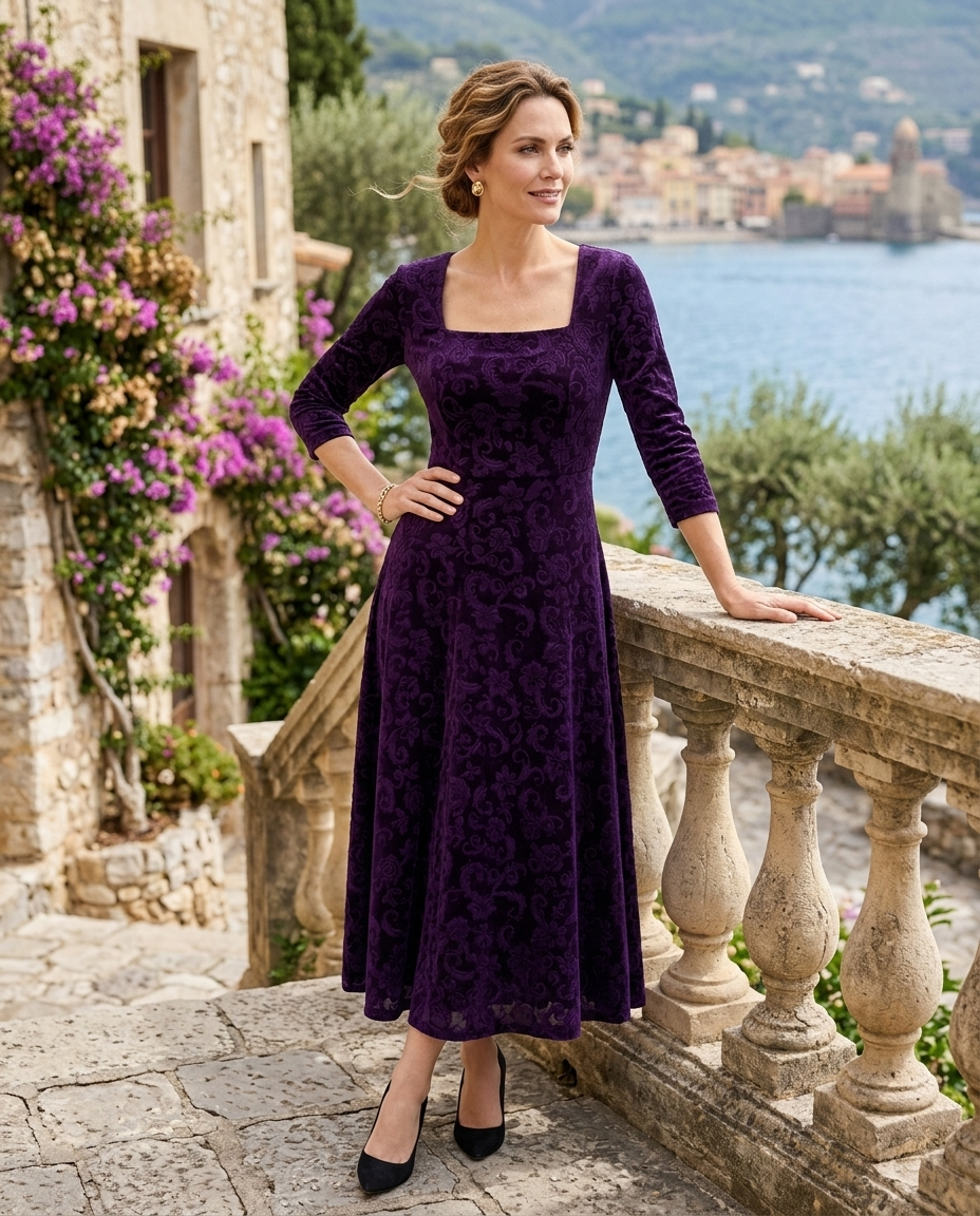 Delphine | Women's Embossed Velvet A-Line Midi Dress
