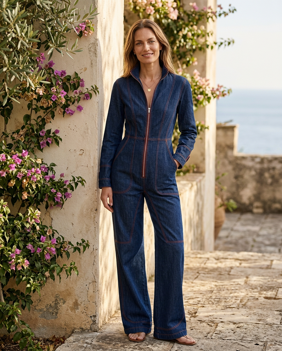 Marguerite | Women's Wide-Leg Denim Jumpsuit with Front Zip