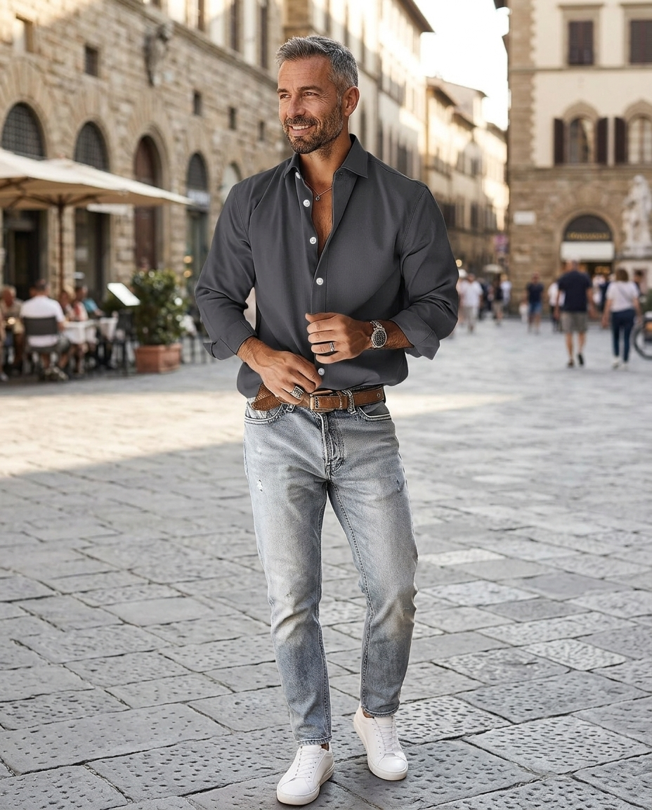 Man wearing dark grey slim-fit button-down oxford shirt