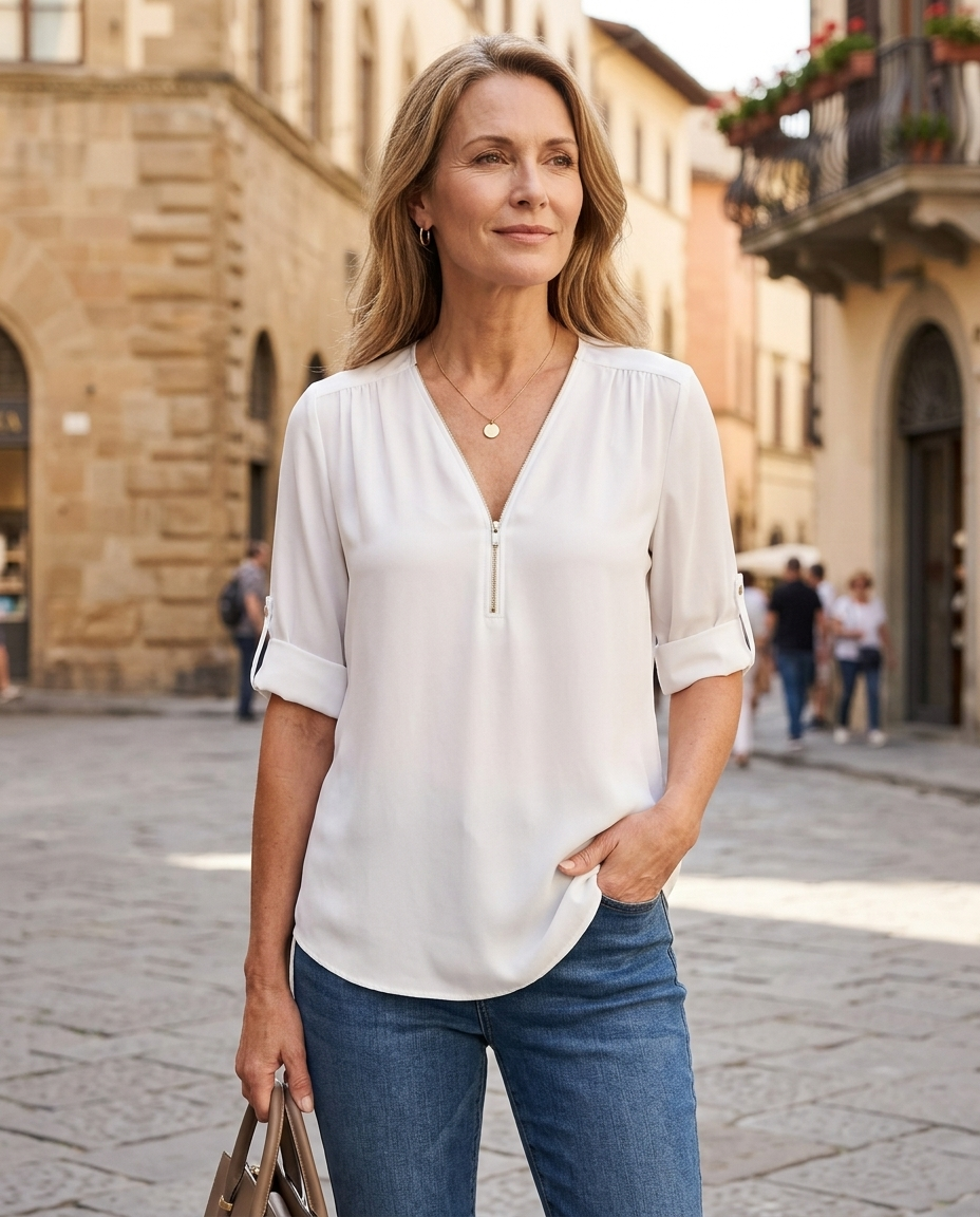 Woman in her early 50s wearing a white zip-up V-neck half-sleeve blouse
