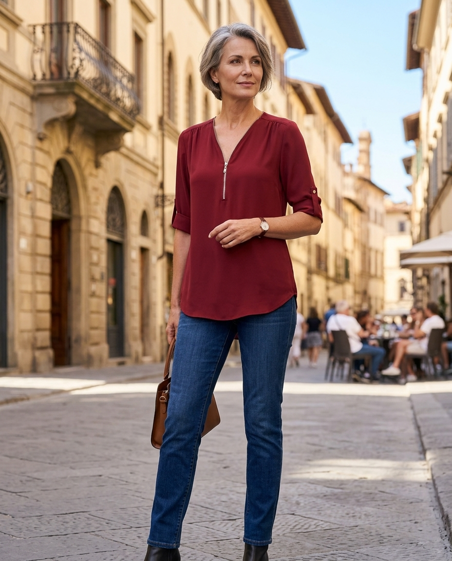 Woman in her early 50s wearing a brick red zip-up V-neck half-sleeve blouse