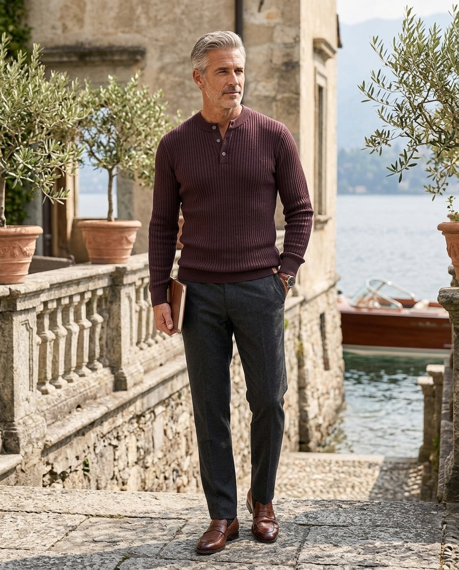 Rupert Men's Button-Neck Crew Neck Jumper in Chestnut