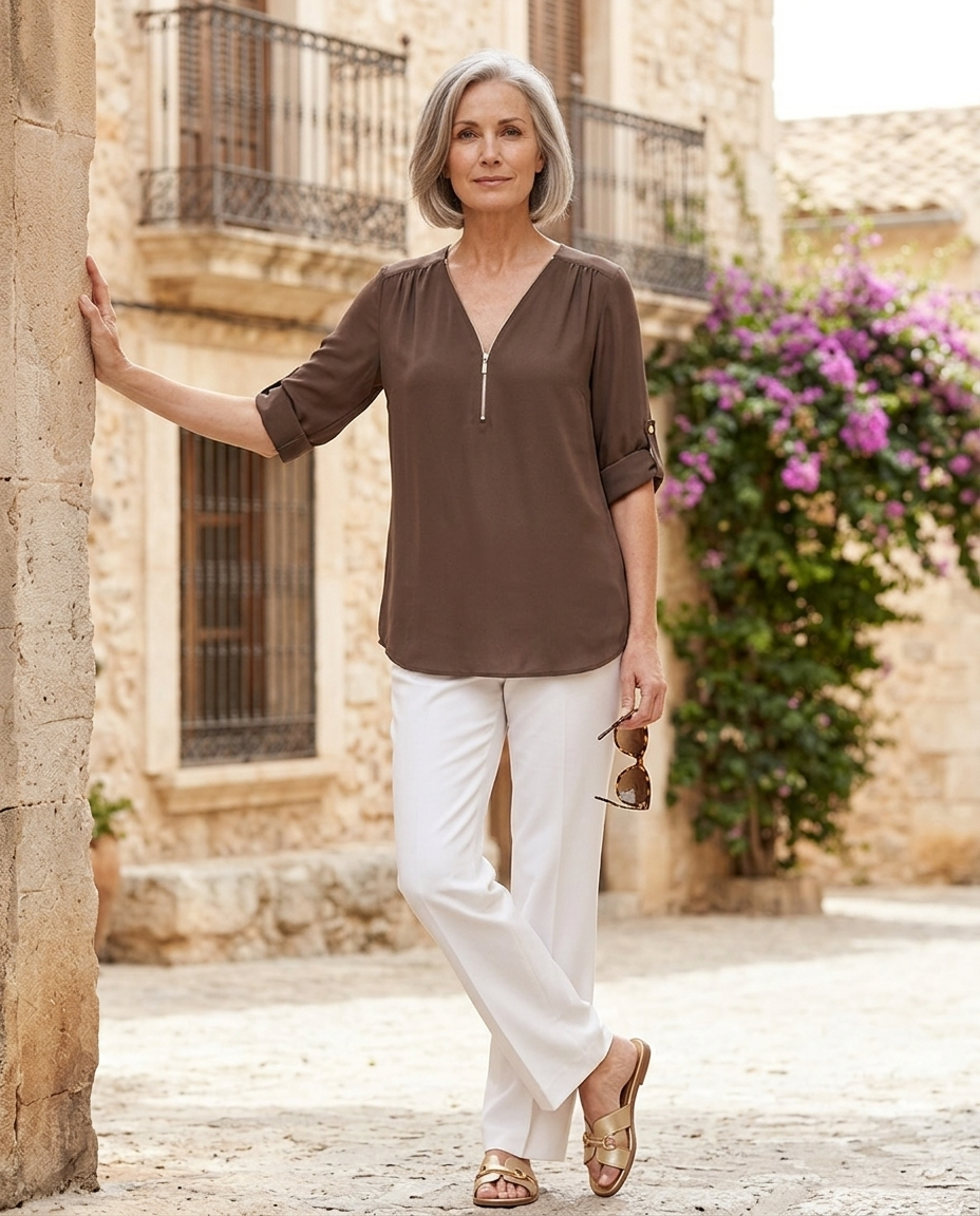 Woman in her early 50s wearing a coffee brown zip-up V-neck half-sleeve blouse