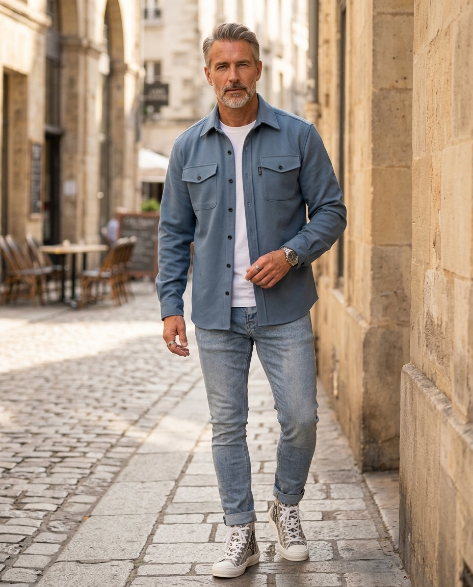 Man wearing blue lightweight overshirt jacket