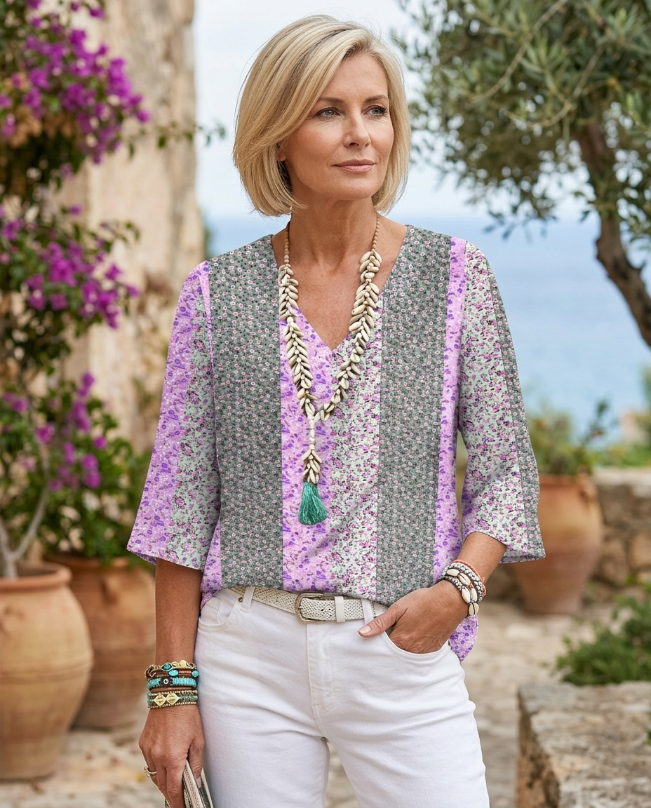 Millicent ditsy floral patchwork top in Purple