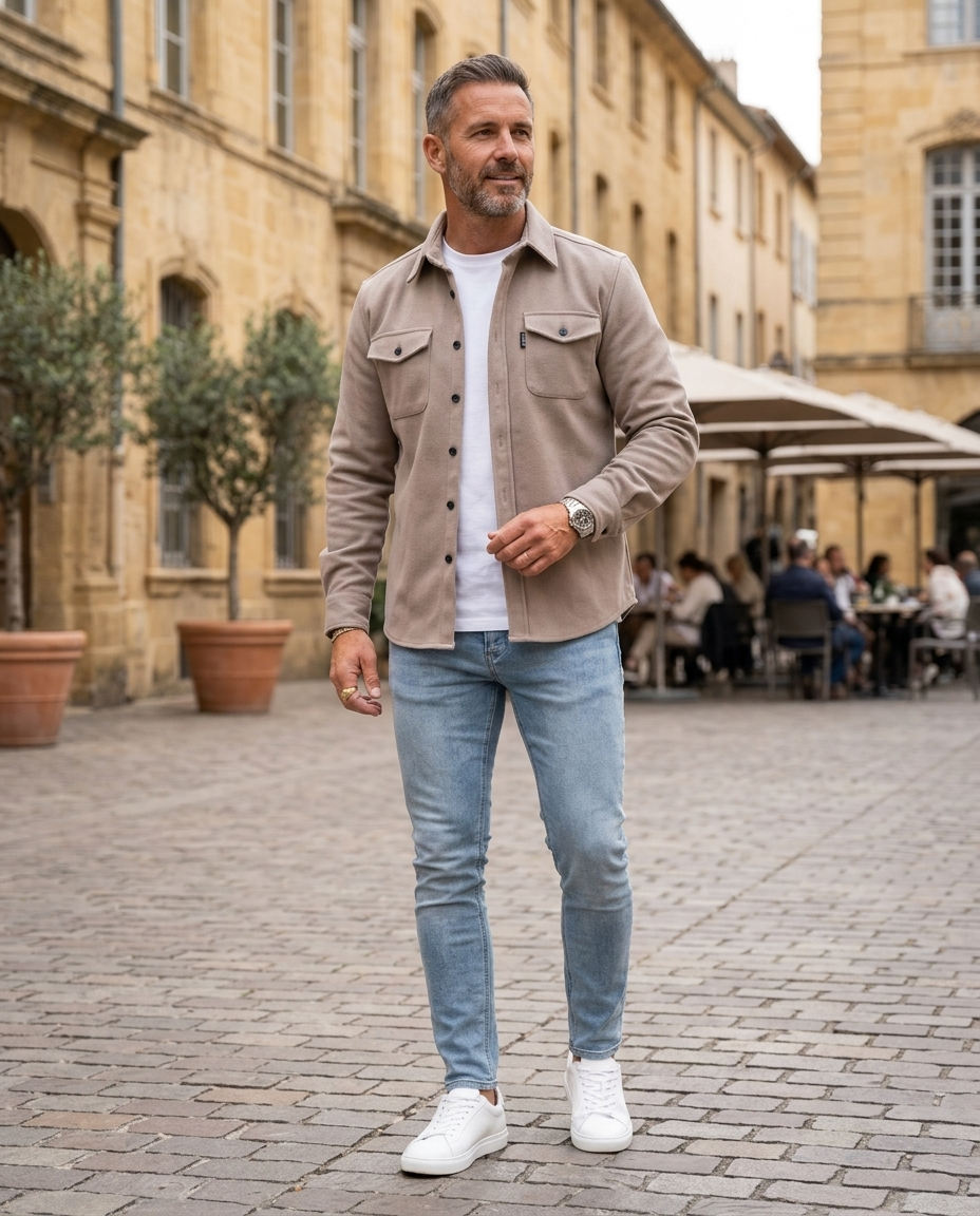 Man wearing dark red lightweight overshirt jacket
