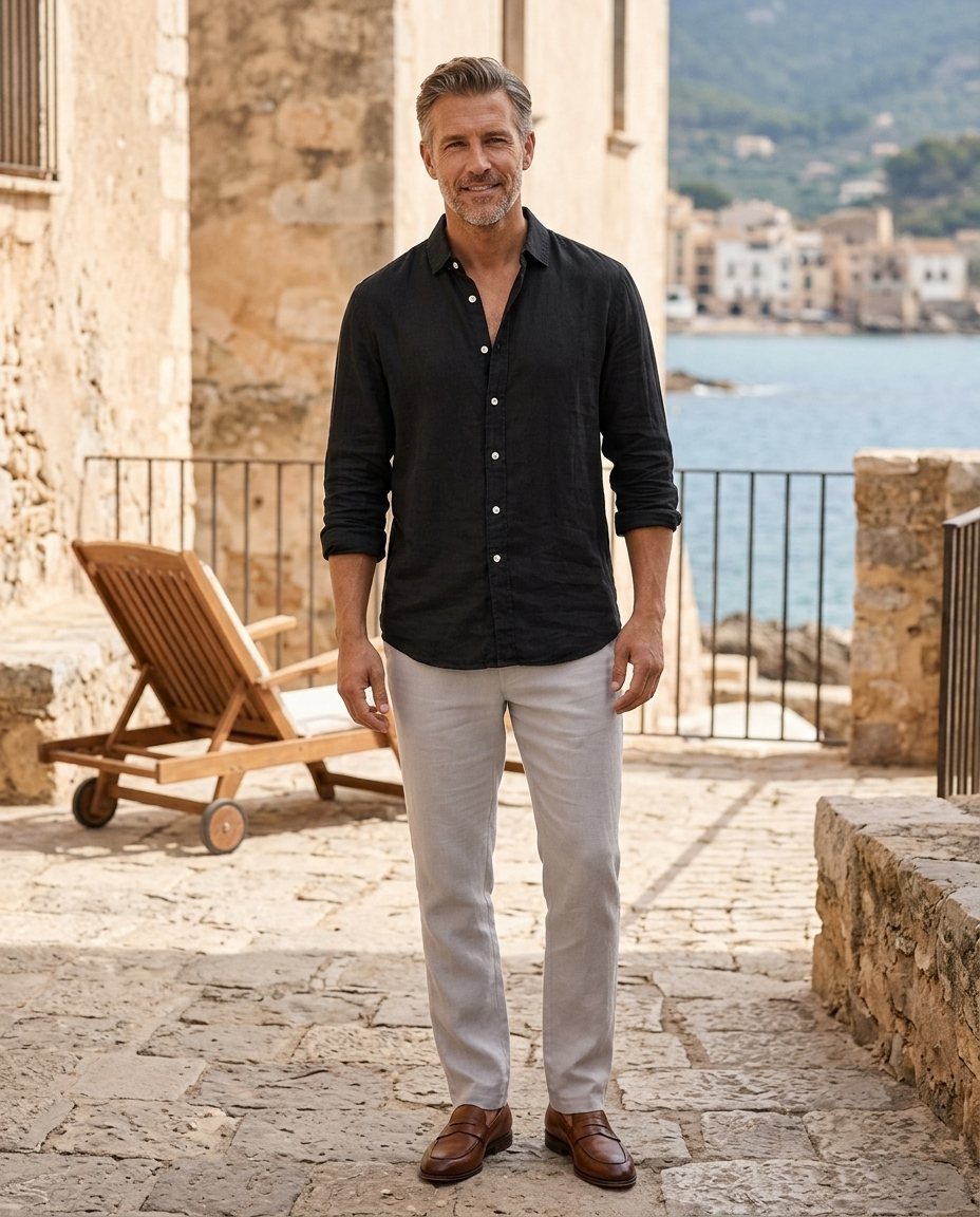 Alaric | Men's Linen Open-Collar Long-Sleeve Shirt in Black