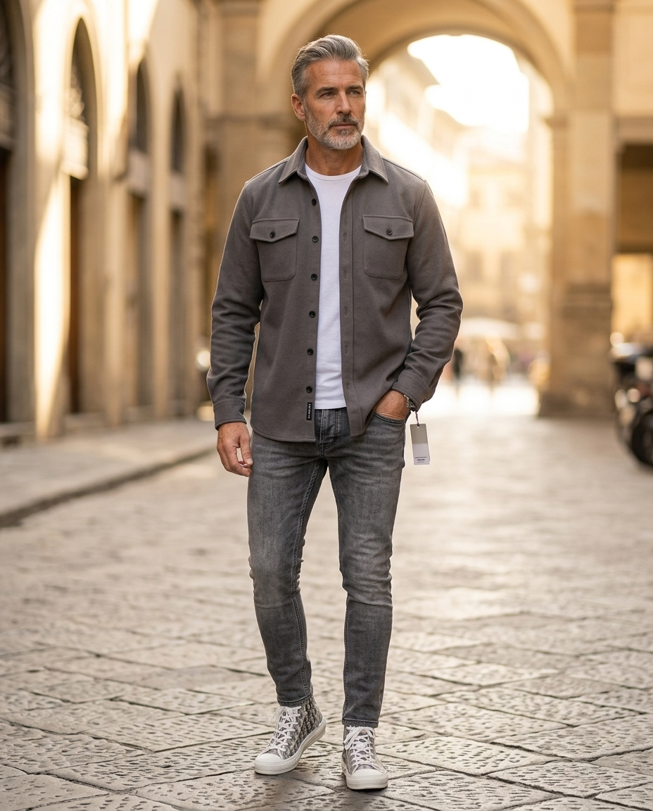 Man wearing grey lightweight overshirt jacket
