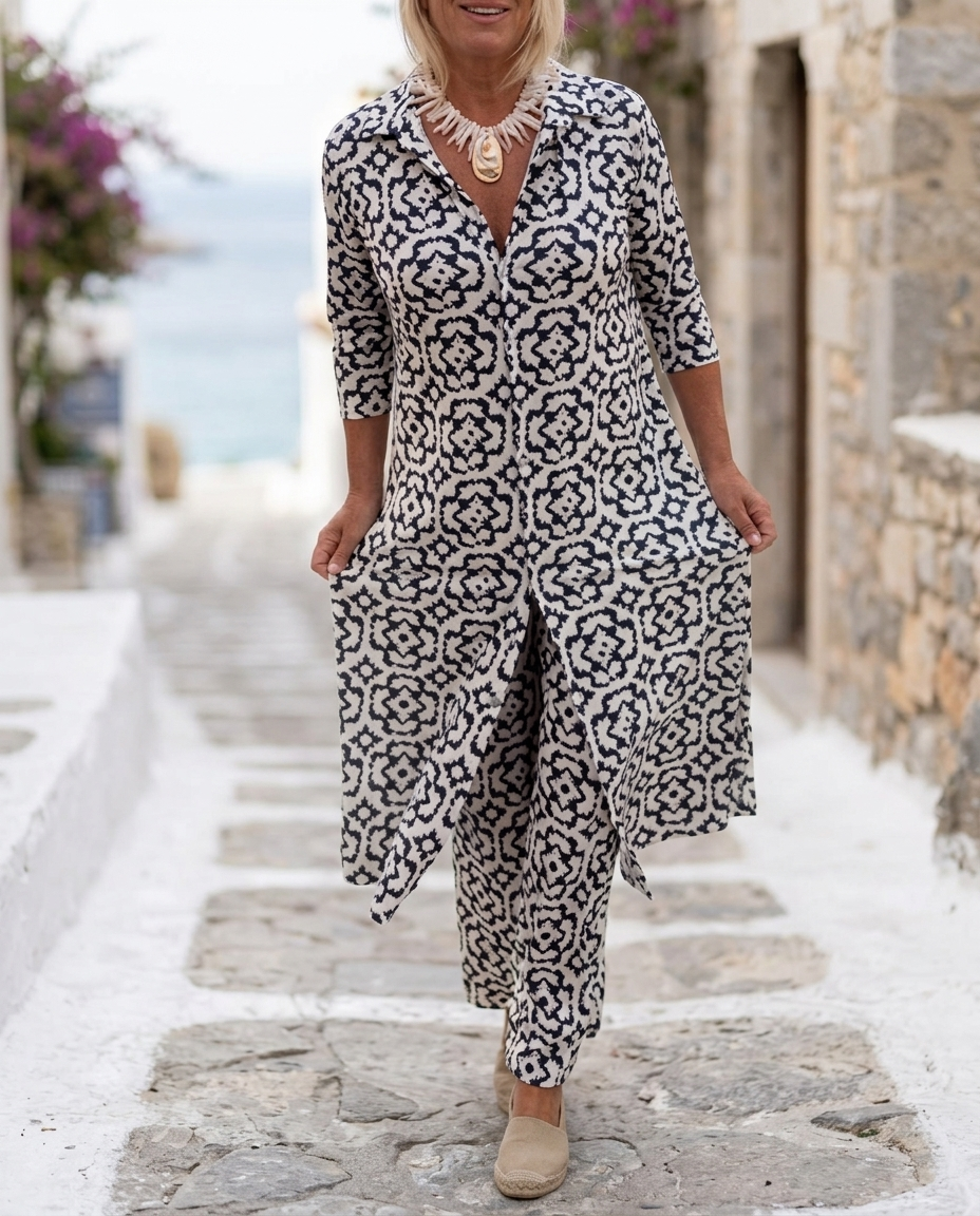 Romilly | Women's Printed Blouse and Trousers Two-Piece Set