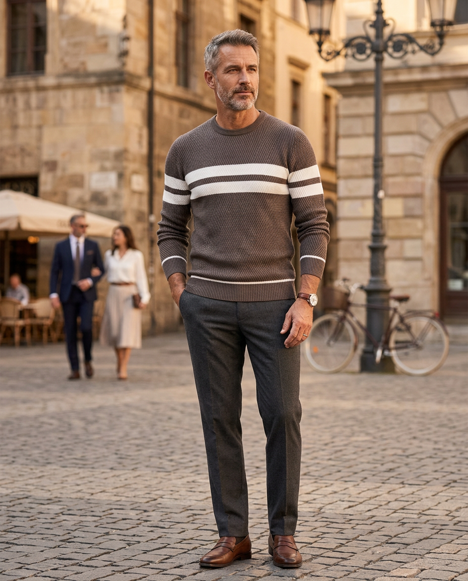 Silas Men's Regular-Fit Striped Jumper in Coffee