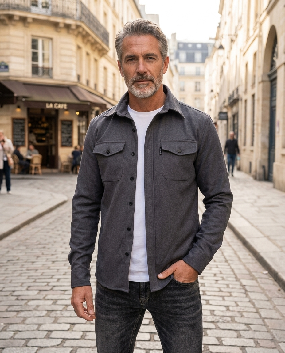 Man wearing dark grey lightweight overshirt jacket