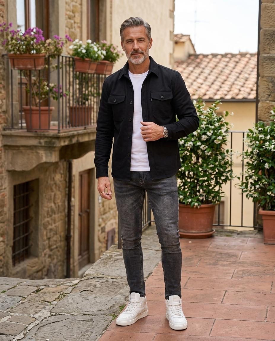 Man wearing black lightweight overshirt jacket