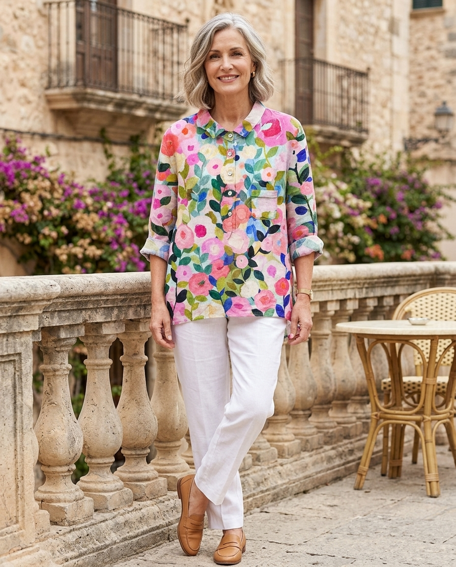 Woman in her early 50s wearing a floral print blouse