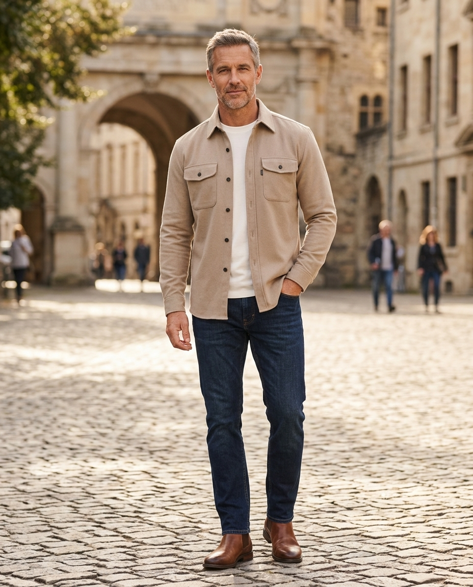 Man wearing beige chest-pocket overshirt